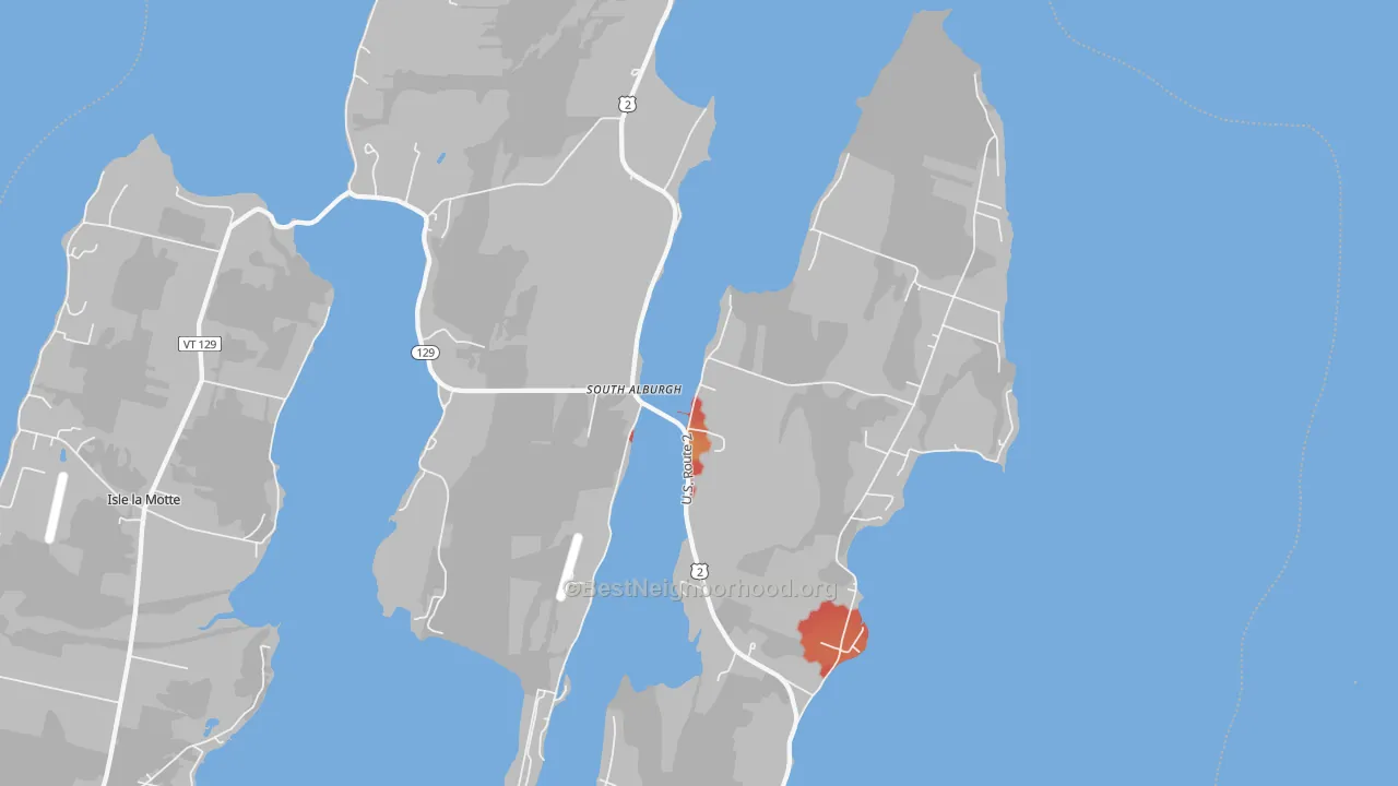 Walk Grade map of South Alburg, VT, walkable areas in green and car-dependent areas in red