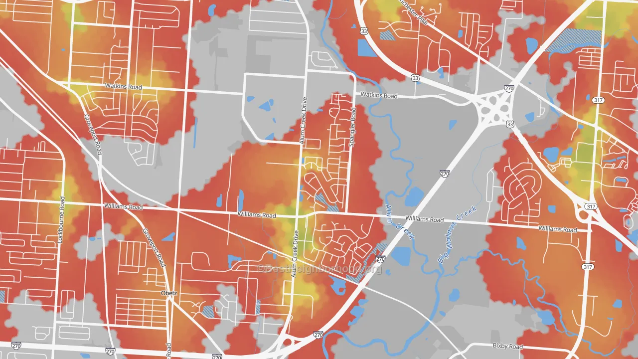 Walk Grade map of South Alum Creek, Columbus, OH, walkable areas in green and car-dependent areas in red