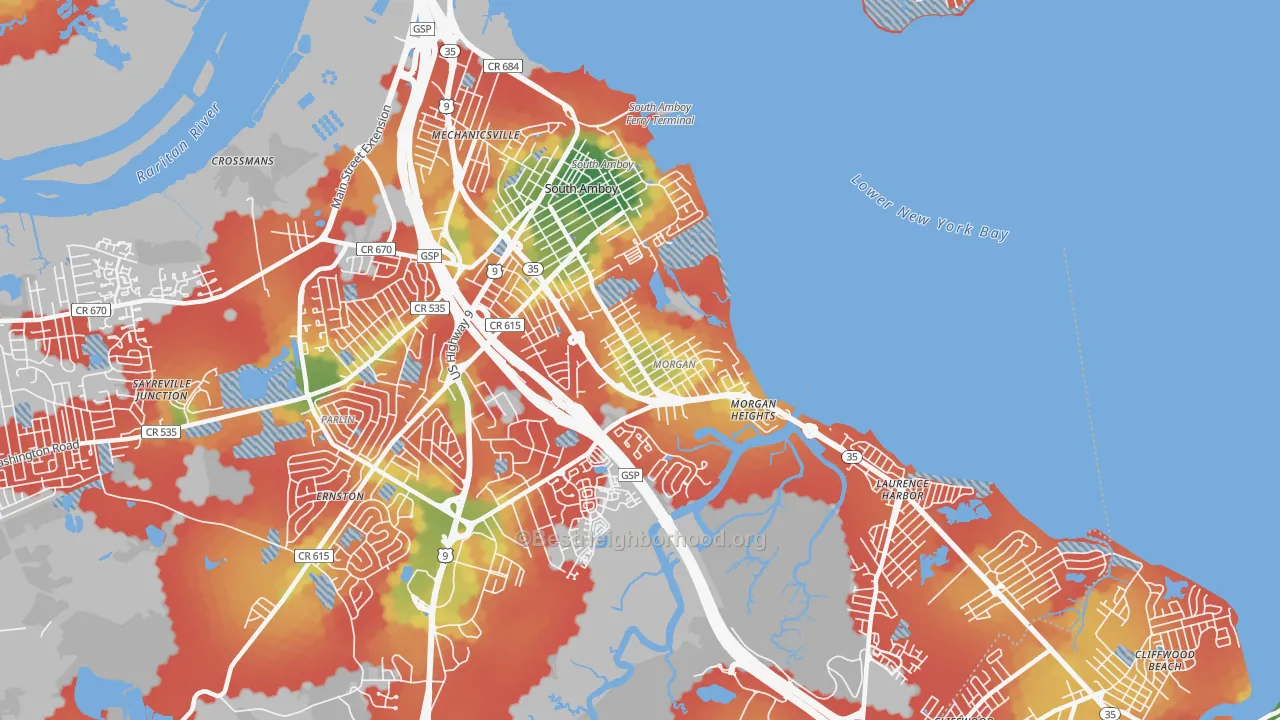 Walk Grade map of South Amboy, NJ, walkable areas in green and car-dependent areas in red