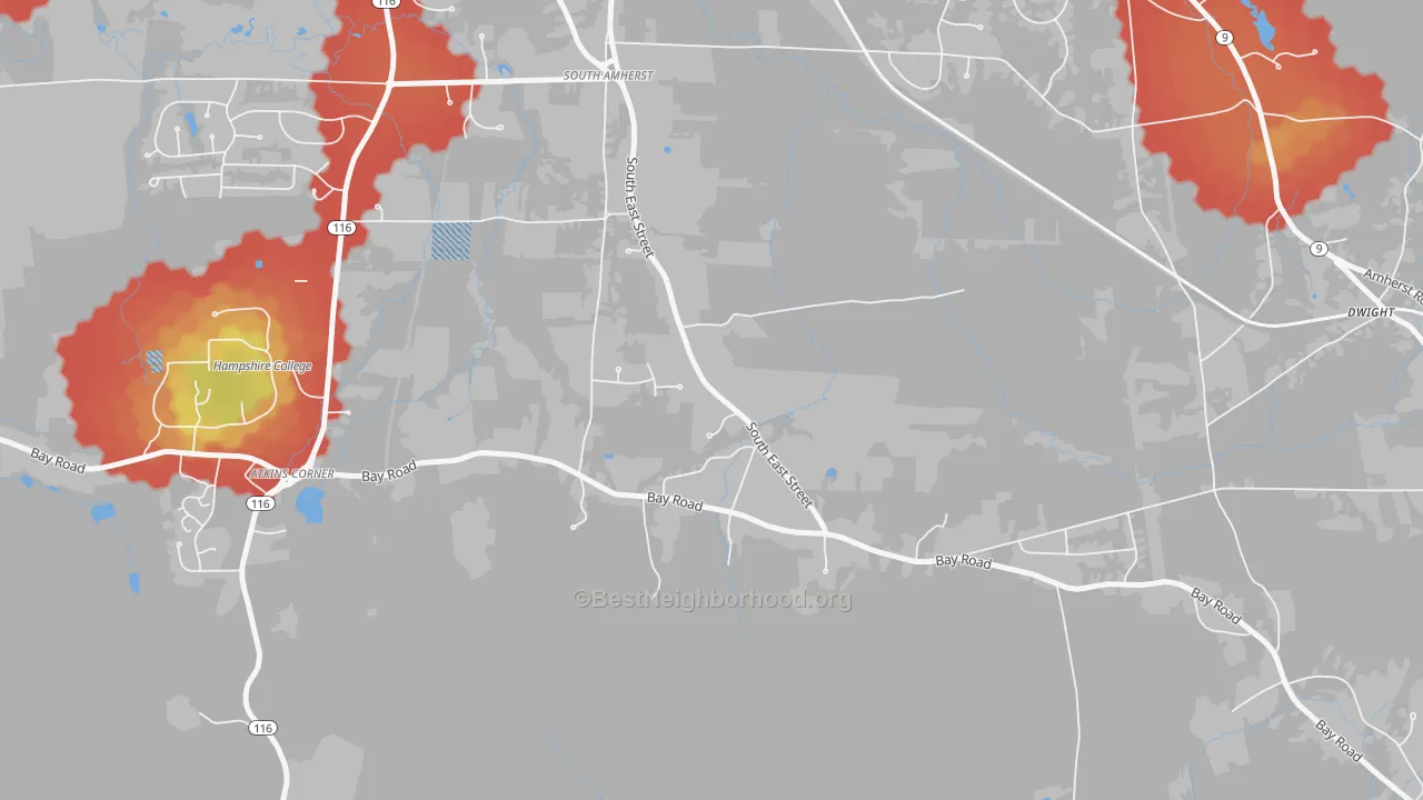 Walk Grade map of South Amherst, MA, walkable areas in green and car-dependent areas in red