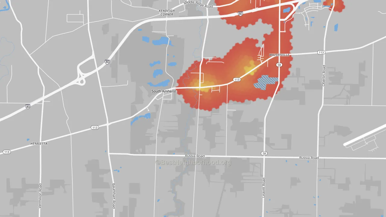 Walk Grade map of South Amherst, OH, walkable areas in green and car-dependent areas in red