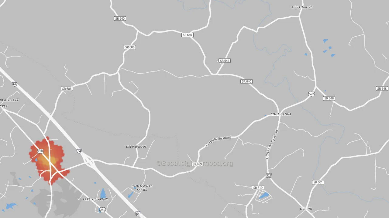 Walk Grade map of South Anna, VA, walkable areas in green and car-dependent areas in red