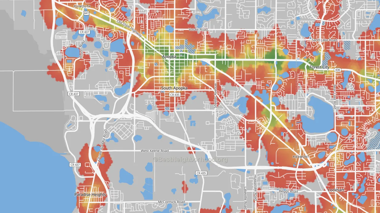 Walk Grade map of South Apopka, FL, walkable areas in green and car-dependent areas in red