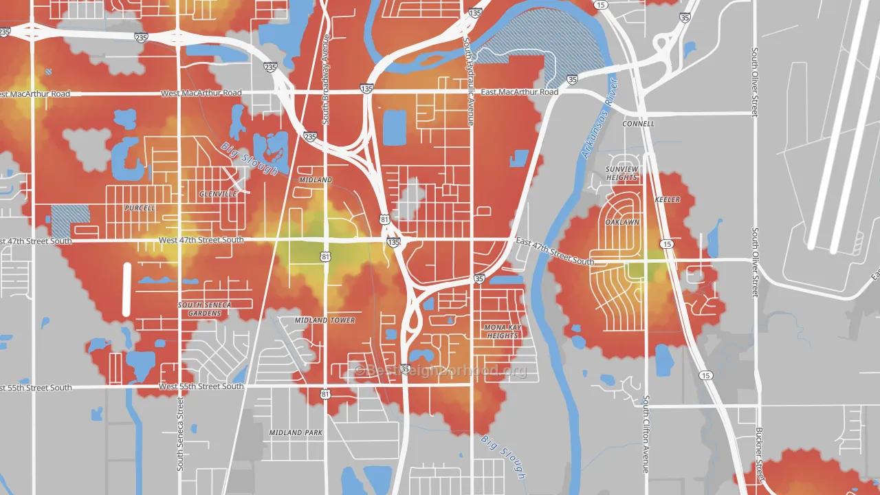 Walk Grade map of South Area, Wichita, KS, walkable areas in green and car-dependent areas in red