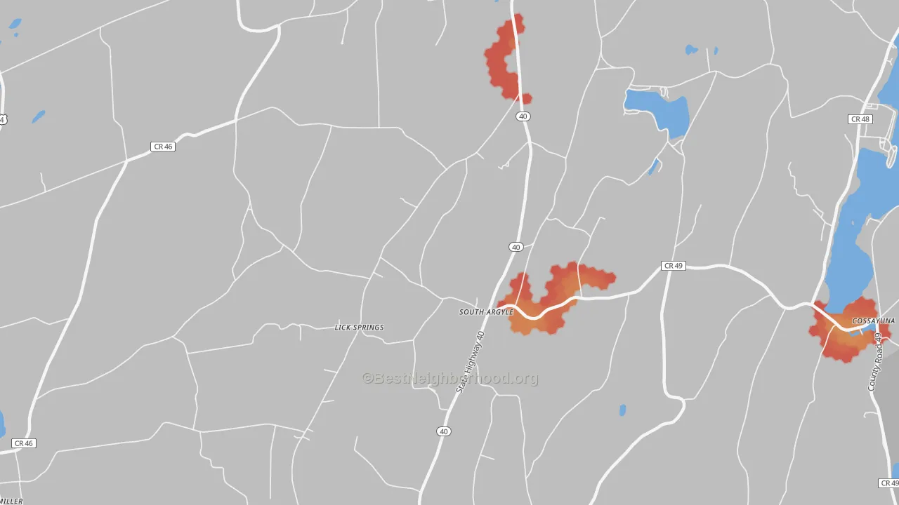 Walk Grade map of South Argyle, NY, walkable areas in green and car-dependent areas in red