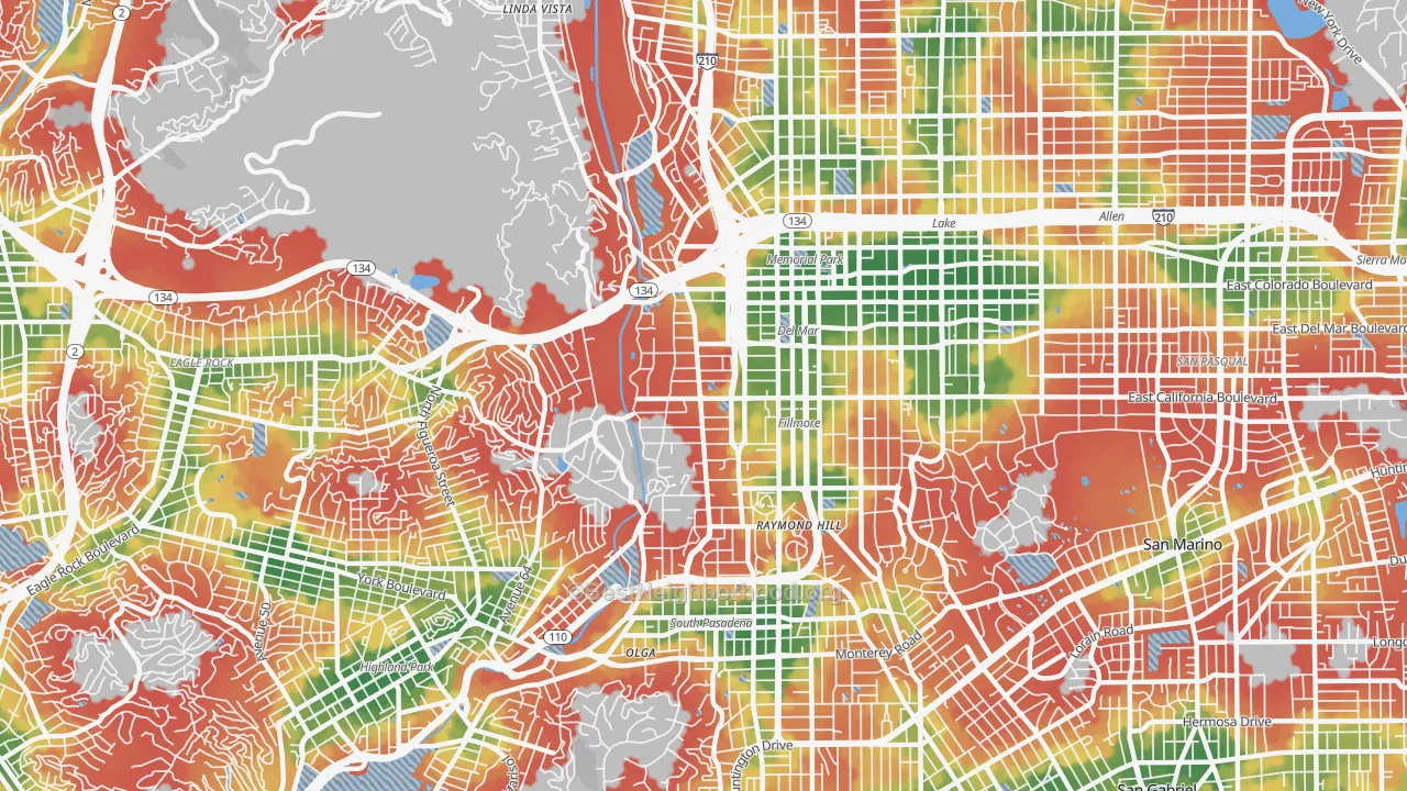 Walk Grade map of South Arroyo, Pasadena, CA, walkable areas in green and car-dependent areas in red