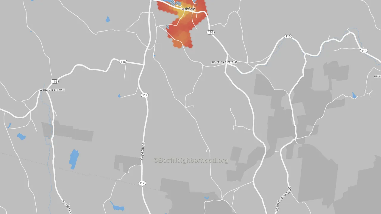 Walk Grade map of South Ashfield, MA, walkable areas in green and car-dependent areas in red