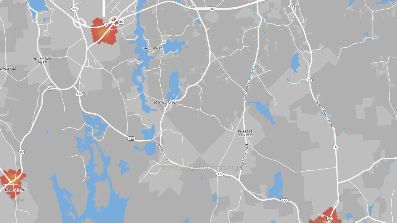 Walk Grade map of South Athol, MA, walkable areas in green and car-dependent areas in red