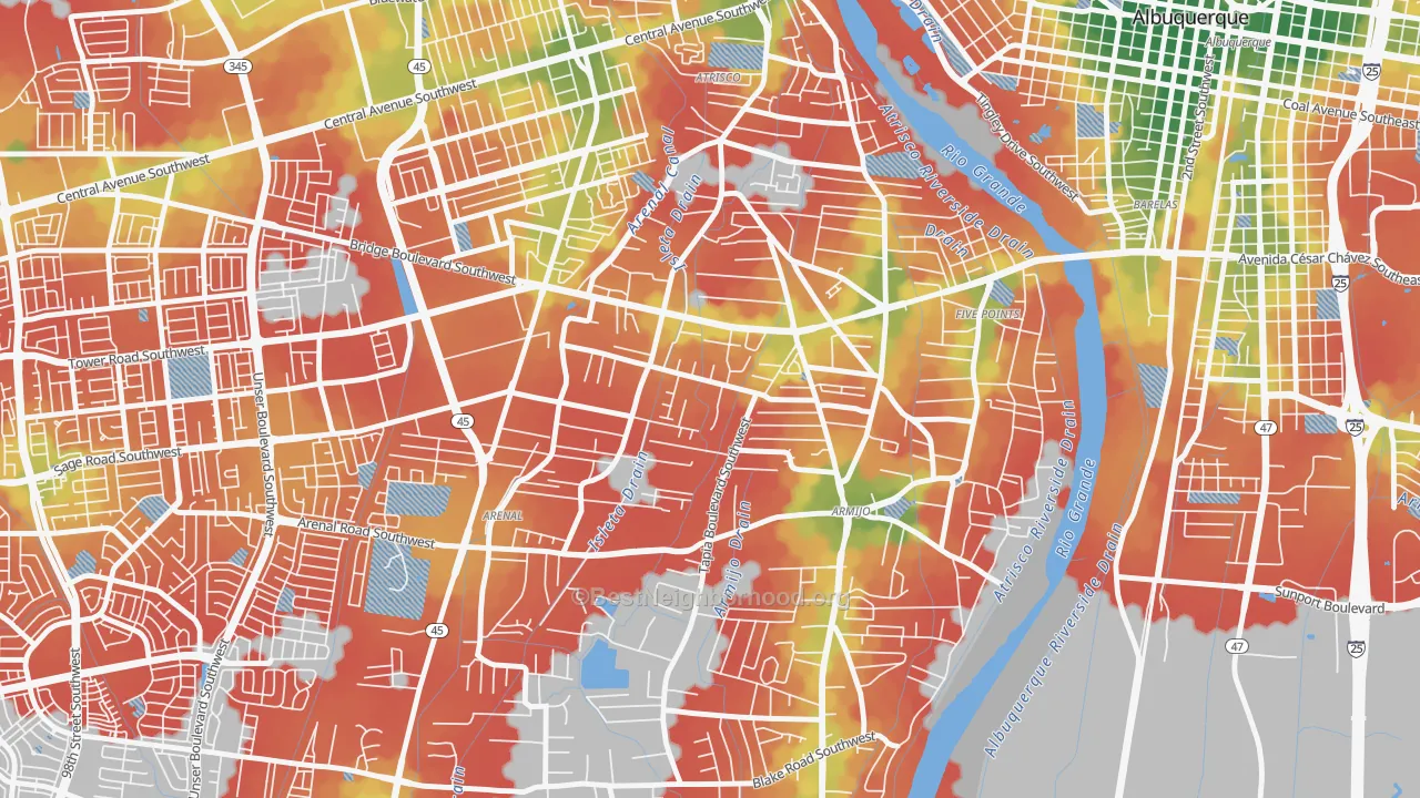 Walk Grade map of South Atrisco, South Valley, NM, walkable areas in green and car-dependent areas in red