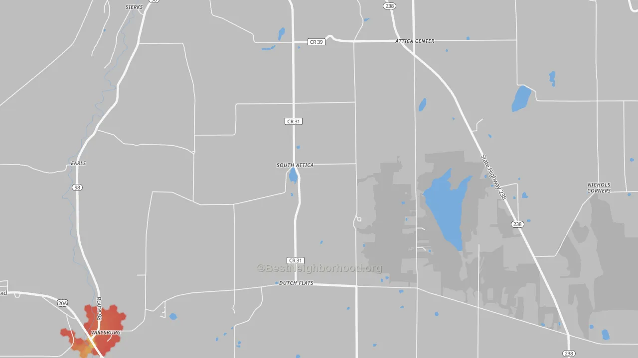 Walk Grade map of South Attica, NY, walkable areas in green and car-dependent areas in red