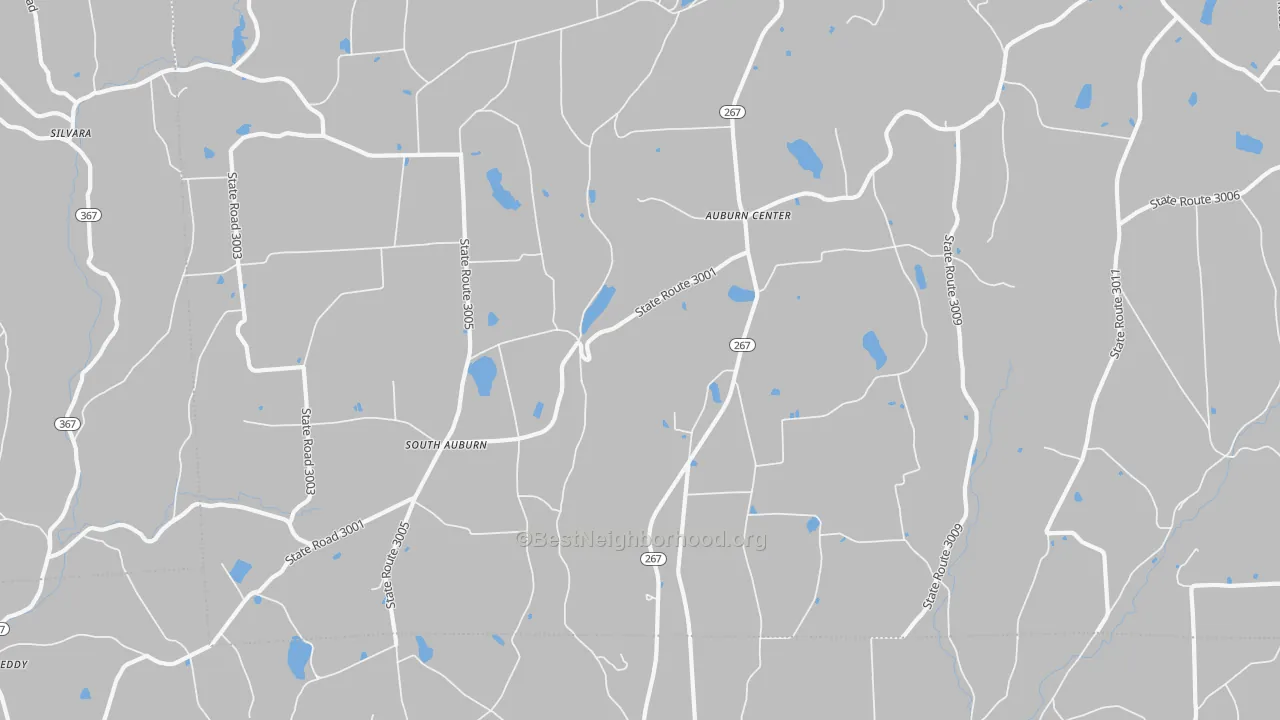 Walk Grade map of South Auburn, PA, walkable areas in green and car-dependent areas in red