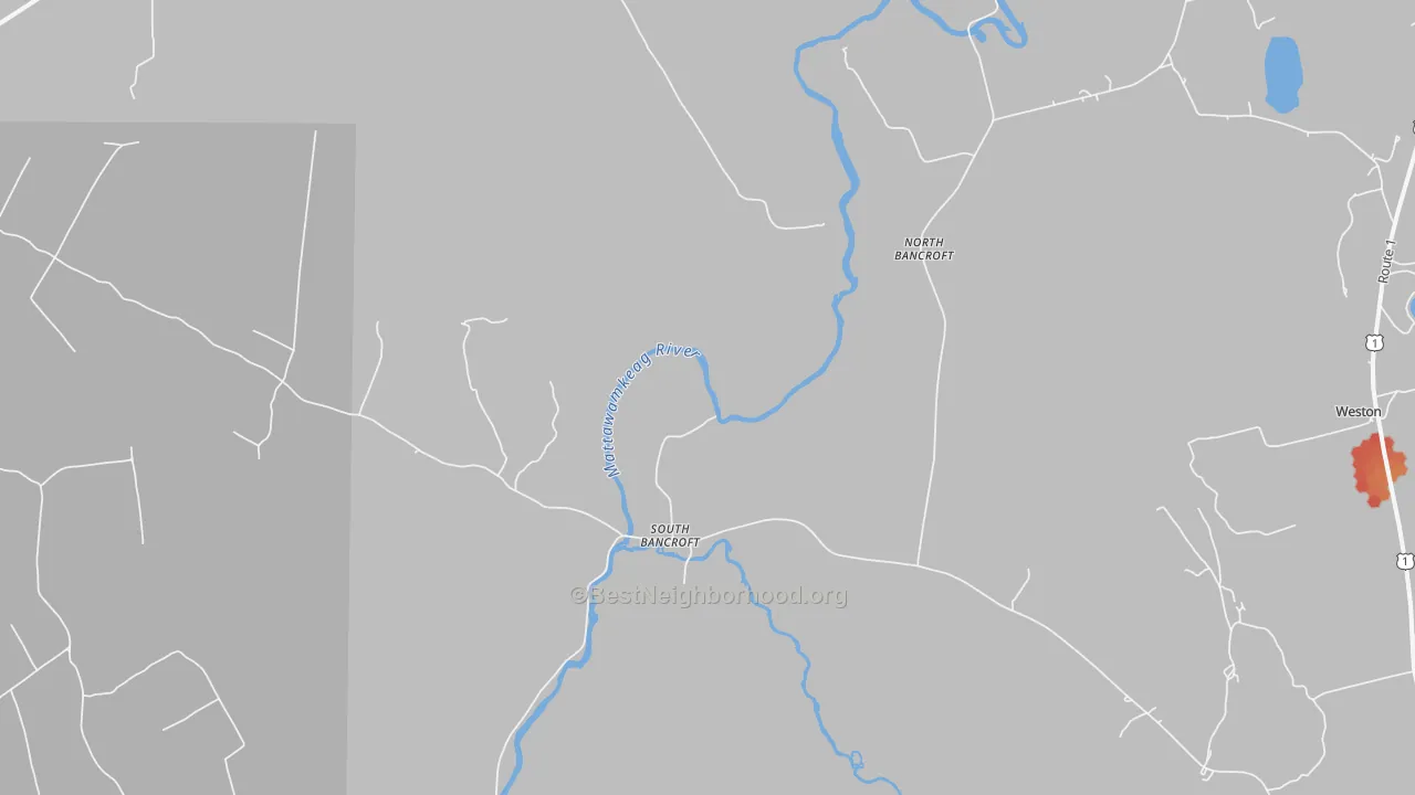 Walk Grade map of South Bancroft, ME, walkable areas in green and car-dependent areas in red