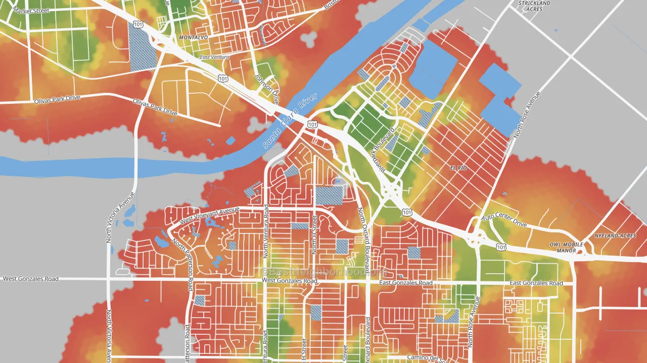 Walk Grade map of South Bank, Oxnard, CA, walkable areas in green and car-dependent areas in red