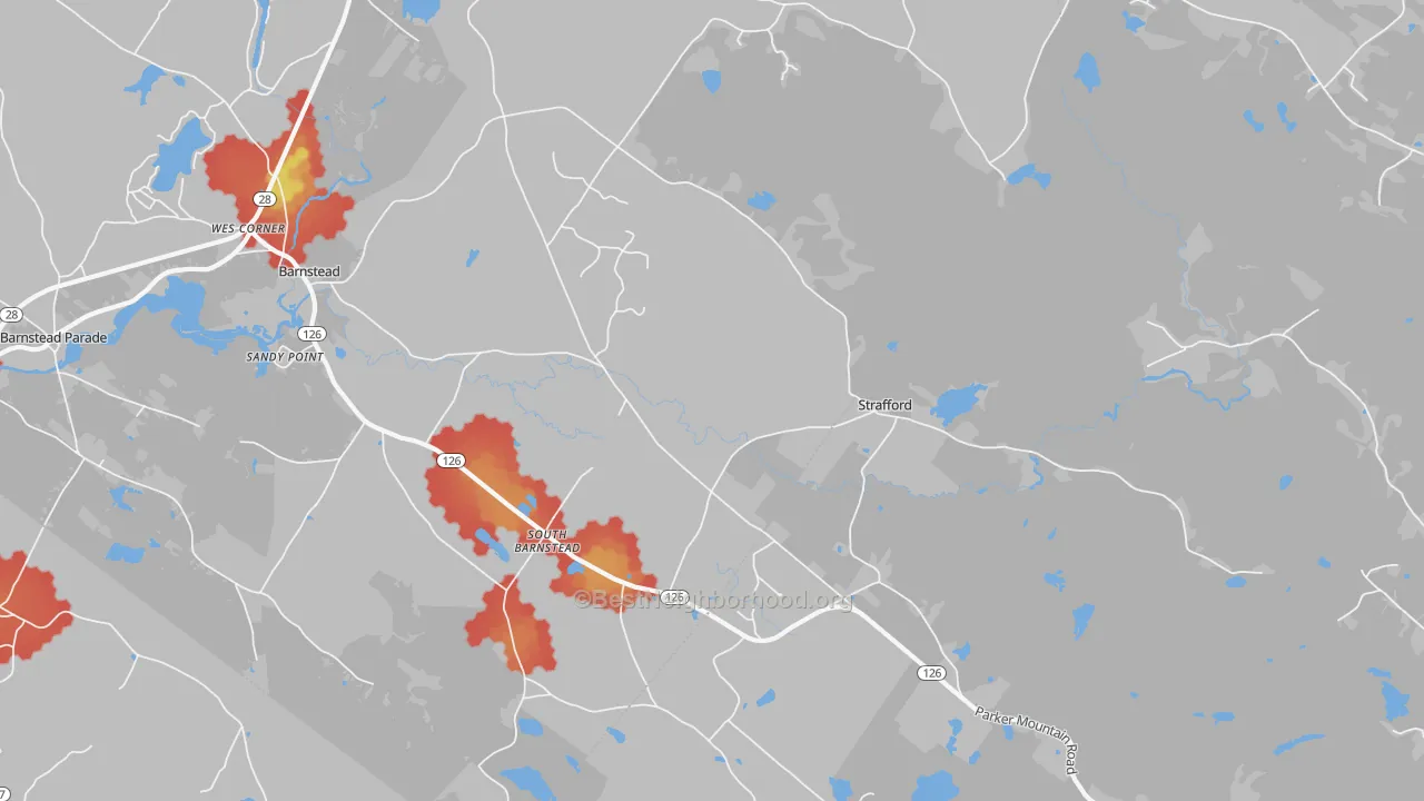 Walk Grade map of South Barnstead, NH, walkable areas in green and car-dependent areas in red