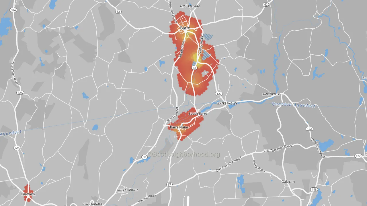 Walk Grade map of South Barre, MA, walkable areas in green and car-dependent areas in red