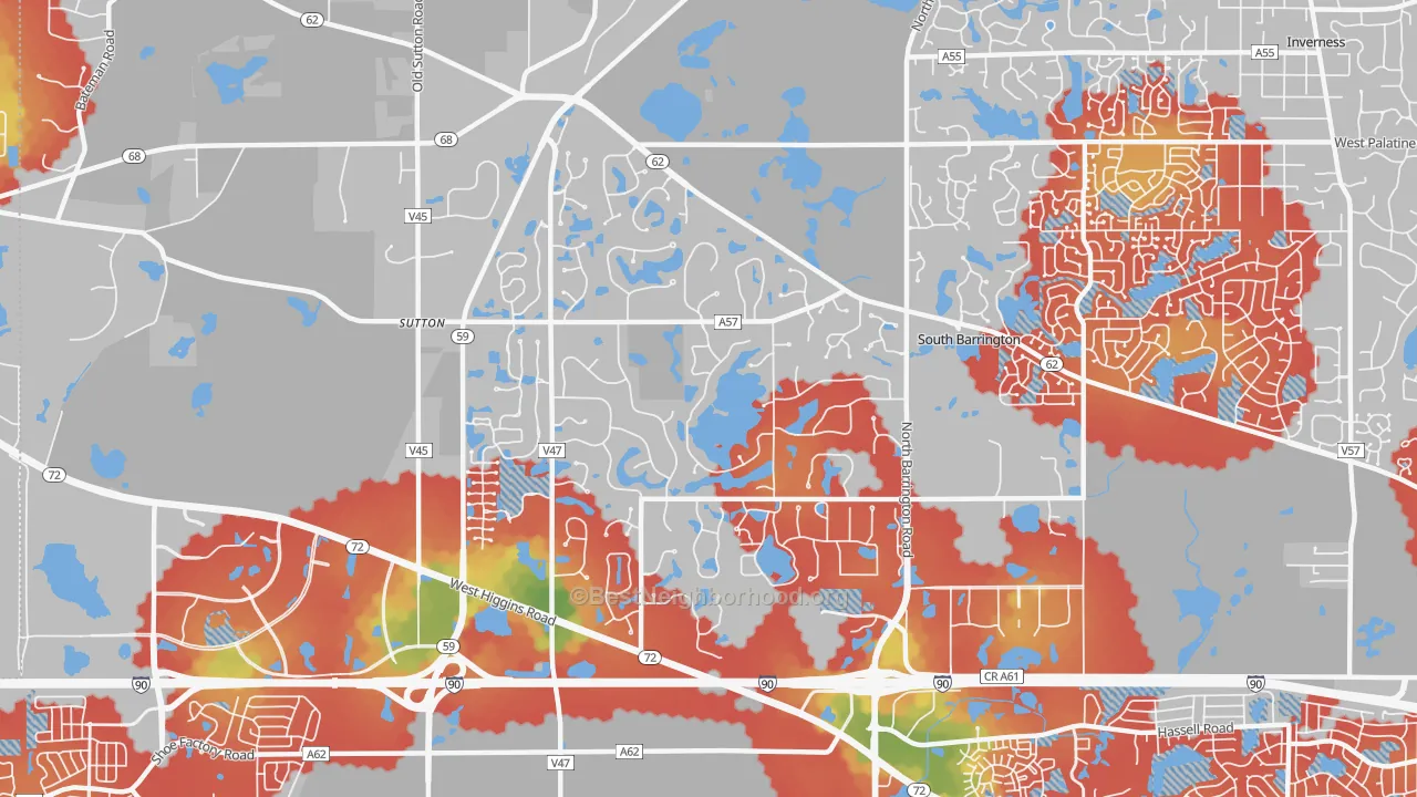 Walk Grade map of South Barrington, IL, walkable areas in green and car-dependent areas in red