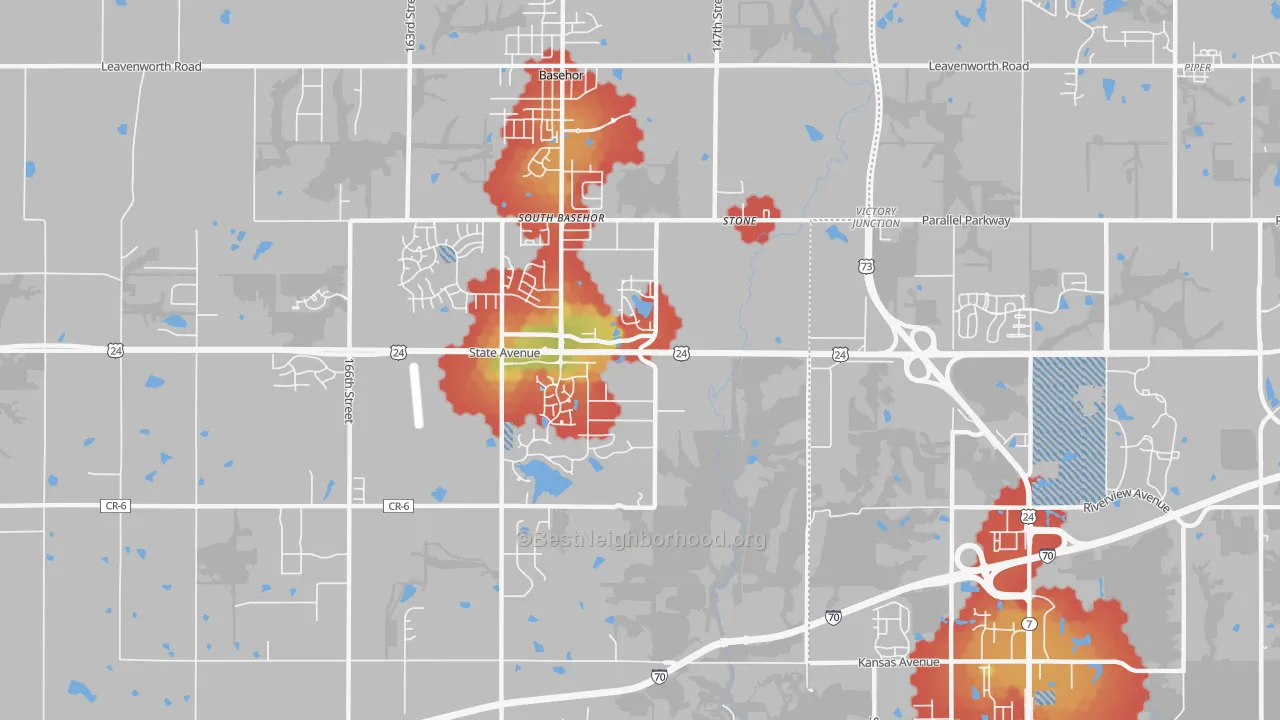 Walk Grade map of South Basehor, KS, walkable areas in green and car-dependent areas in red