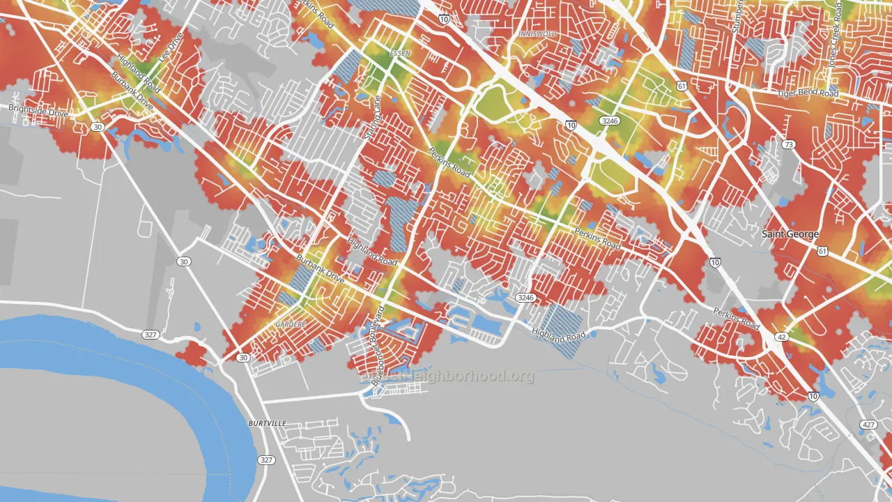 Walk Grade map of South Baton Rouge, Baton Rouge, LA, walkable areas in green and car-dependent areas in red