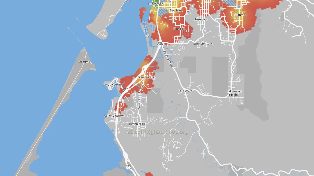 Walk Grade map of South Bay, Eureka, CA, walkable areas in green and car-dependent areas in red