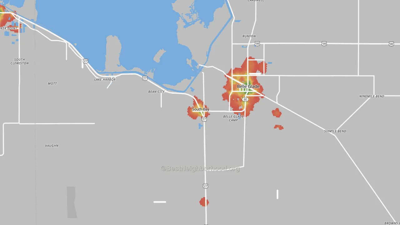 Walk Grade map of South Bay, FL, walkable areas in green and car-dependent areas in red