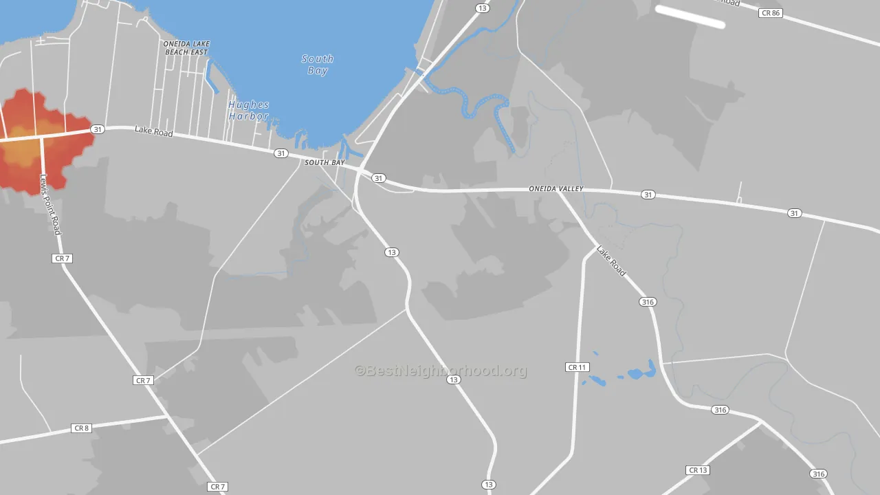 Walk Grade map of South Bay, NY, walkable areas in green and car-dependent areas in red