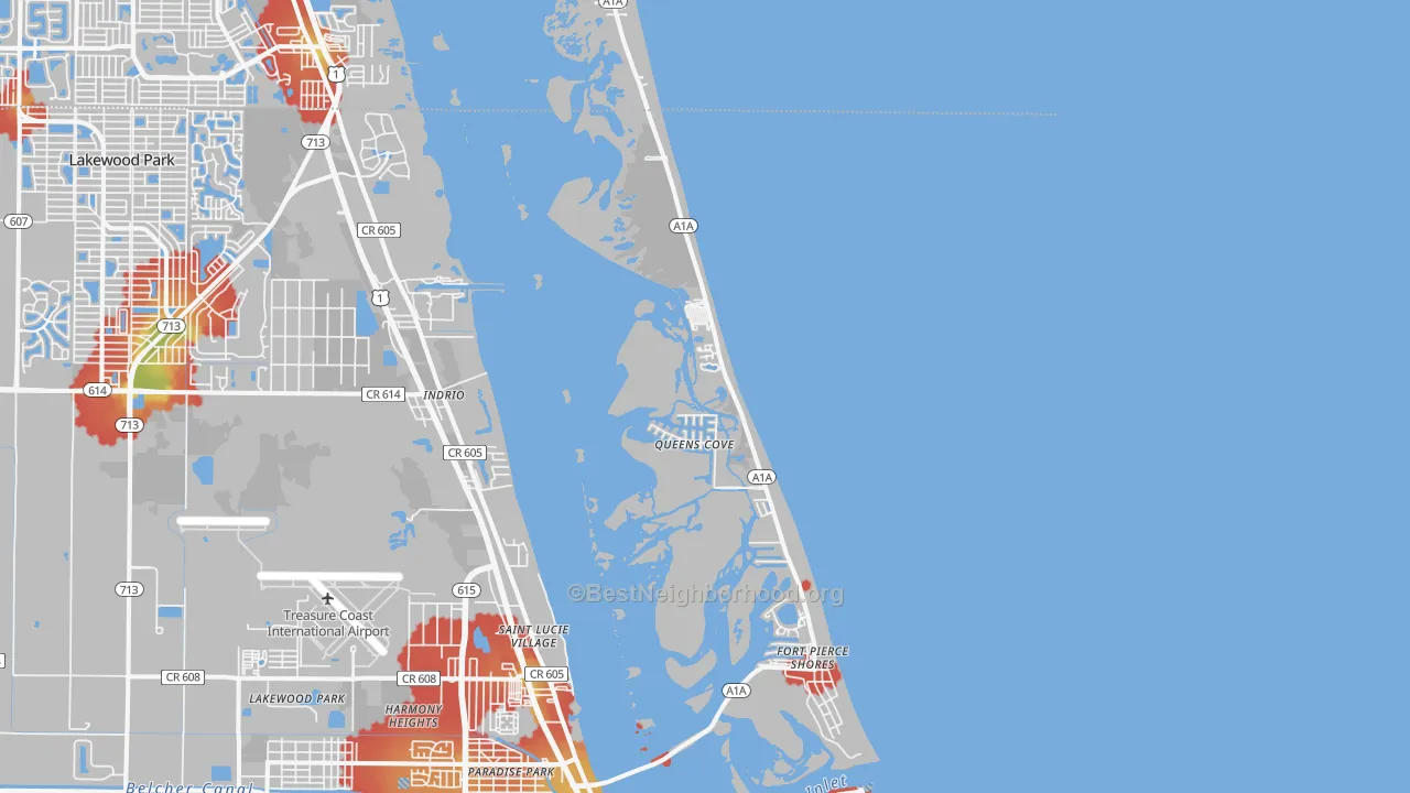 Walk Grade map of South Beach, Fort Pierce, FL, walkable areas in green and car-dependent areas in red