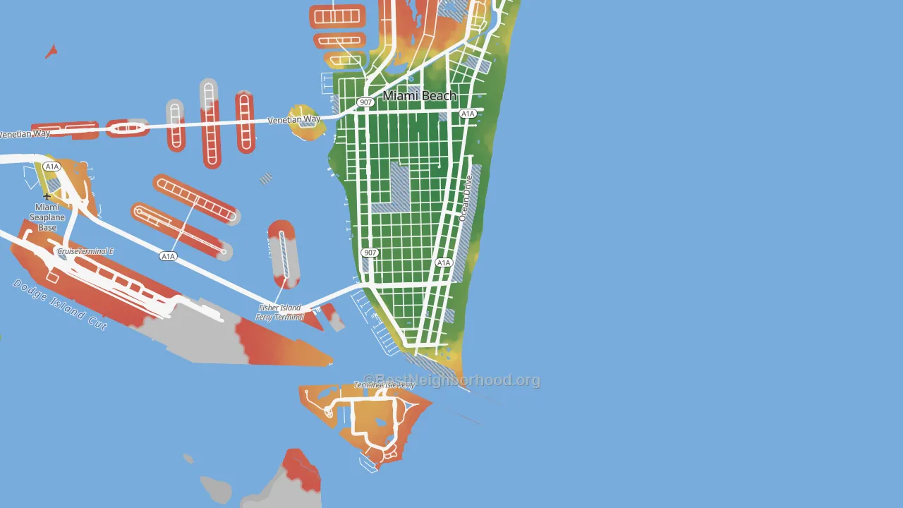 Walk Grade map of South Beach Miami Beach, Miami Beach, FL, walkable areas in green and car-dependent areas in red