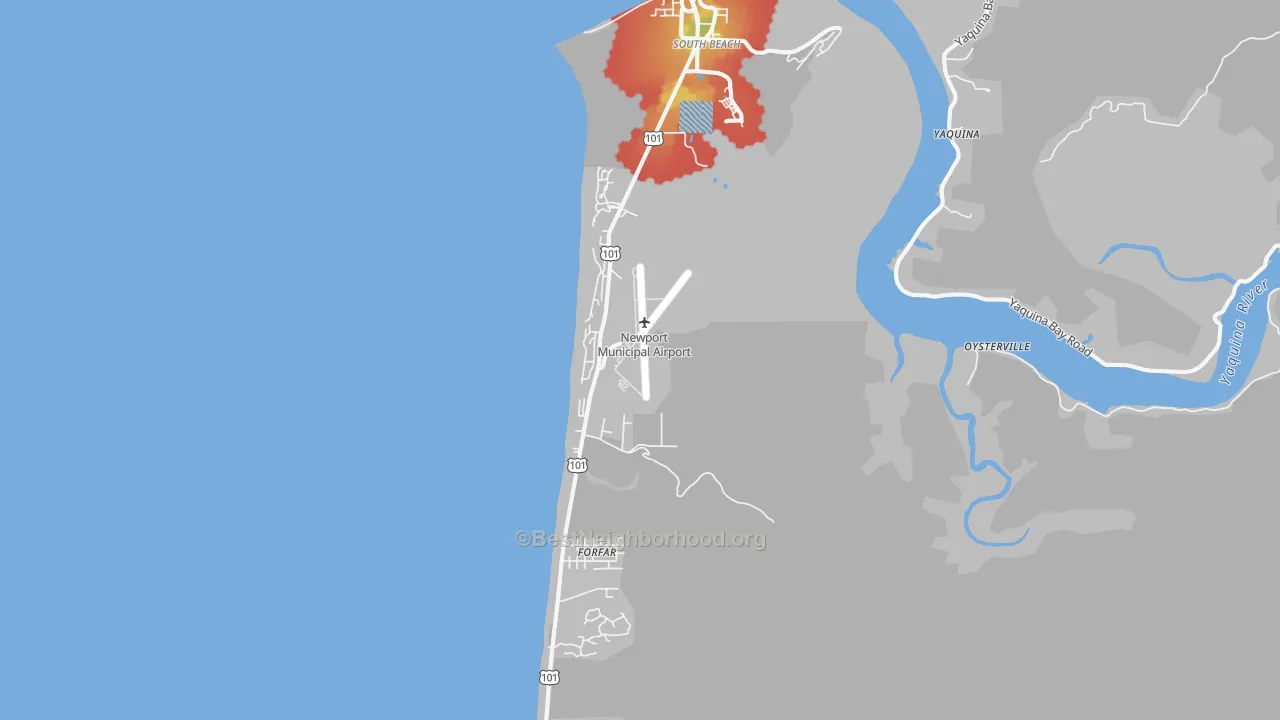 Walk Grade map of South Beach, OR, walkable areas in green and car-dependent areas in red