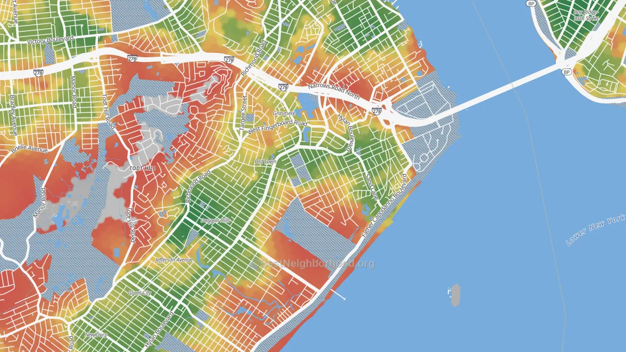 Walk Grade map of South Beach, Staten Island, NY, walkable areas in green and car-dependent areas in red