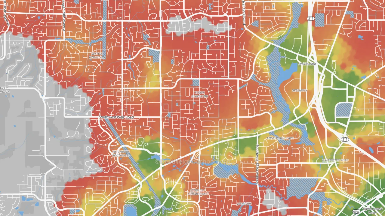 Walk Grade map of South Beaverton, Beaverton, OR, walkable areas in green and car-dependent areas in red