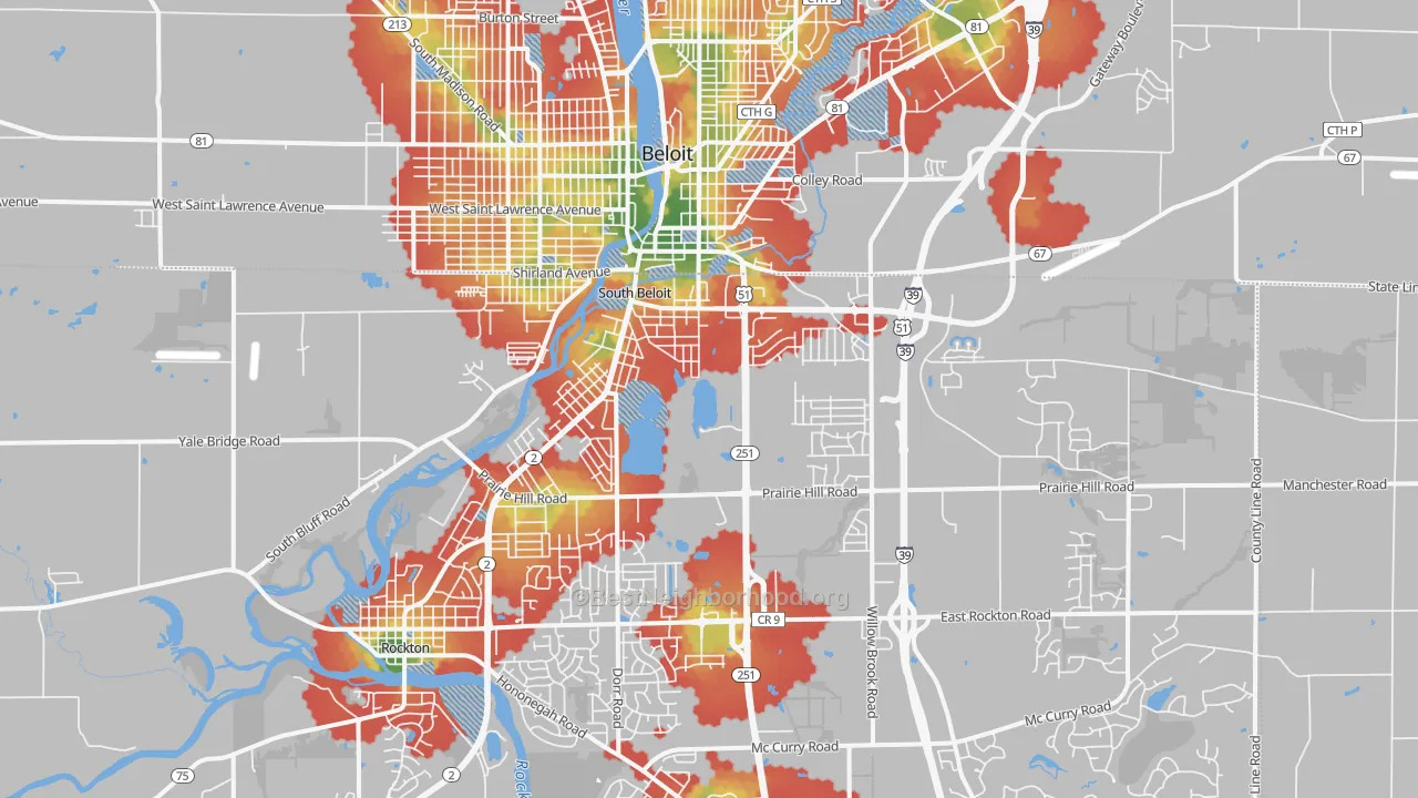 Walk Grade map of South Beloit, IL, walkable areas in green and car-dependent areas in red