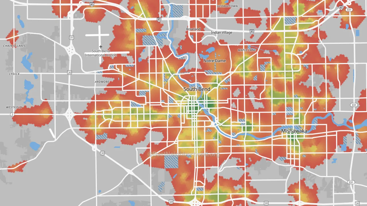 Walk Grade map of South Bend, IN, walkable areas in green and car-dependent areas in red