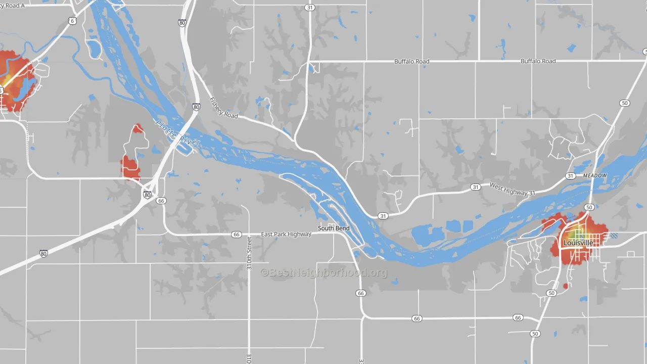 Walk Grade map of South Bend, NE, walkable areas in green and car-dependent areas in red