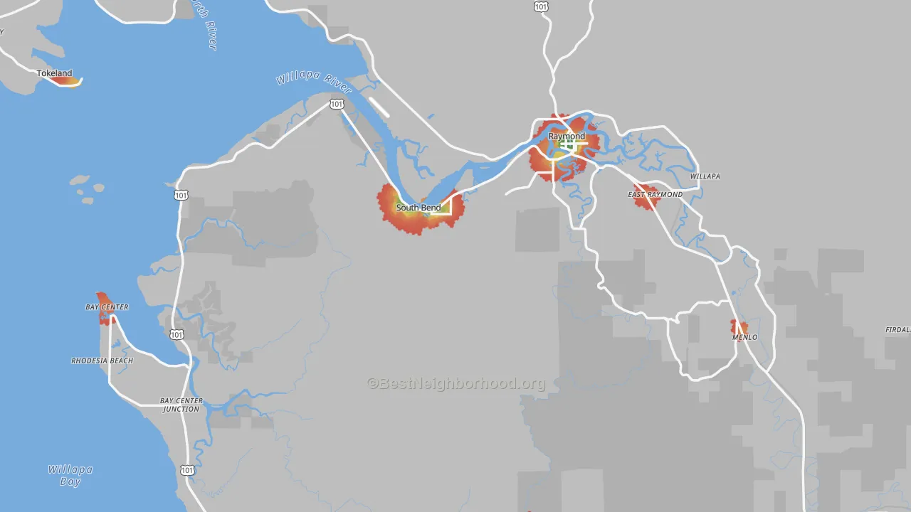 Walk Grade map of South Bend, WA, walkable areas in green and car-dependent areas in red