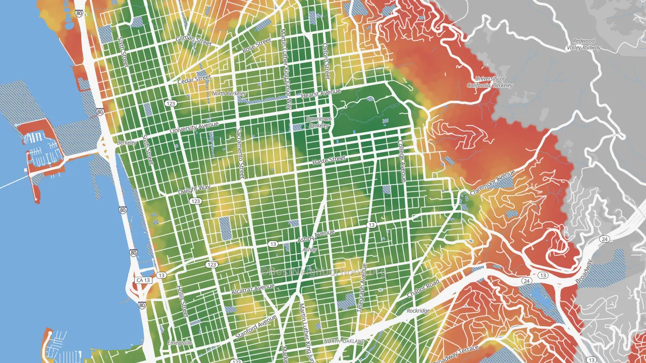 Walk Grade map of South Berkeley, Berkeley, CA, walkable areas in green and car-dependent areas in red