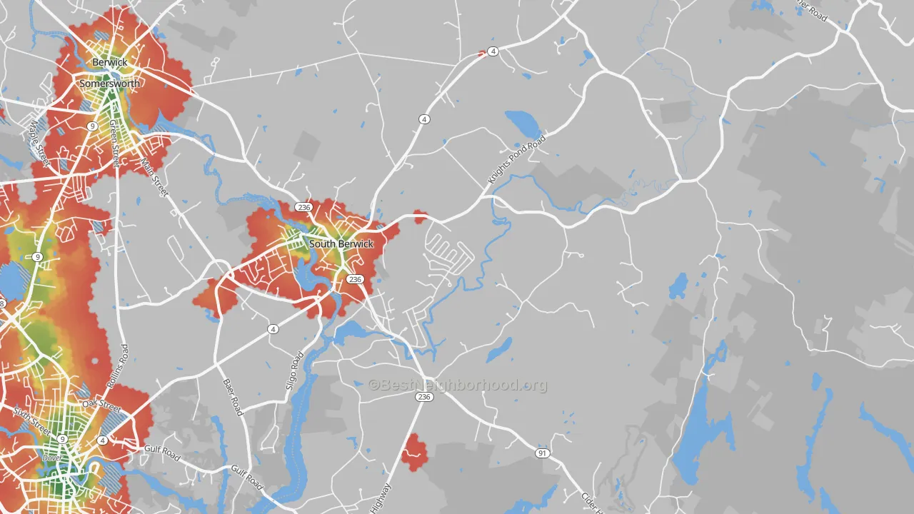 Walk Grade map of South Berwick, ME, walkable areas in green and car-dependent areas in red
