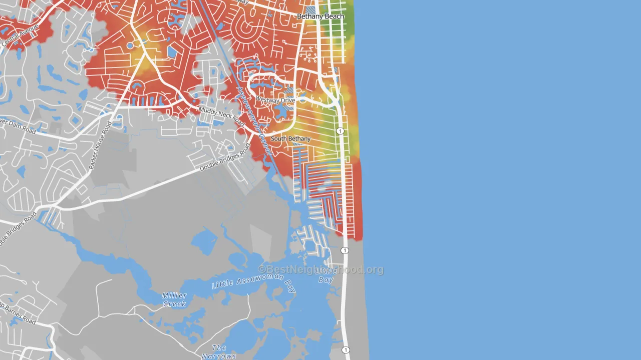 Walk Grade map of South Bethany, DE, walkable areas in green and car-dependent areas in red
