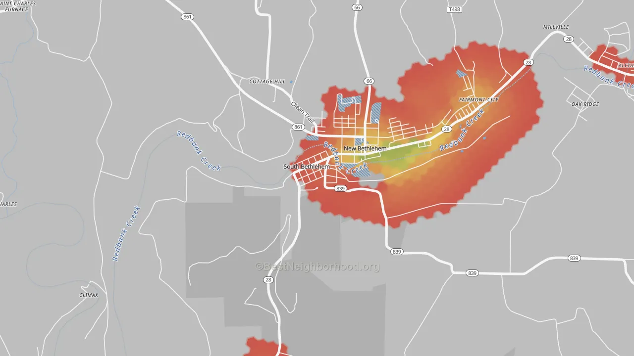 Walk Grade map of South Bethlehem, PA, walkable areas in green and car-dependent areas in red