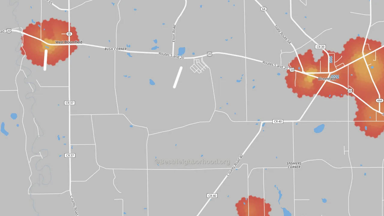 Walk Grade map of South Bloomfield, NY, walkable areas in green and car-dependent areas in red
