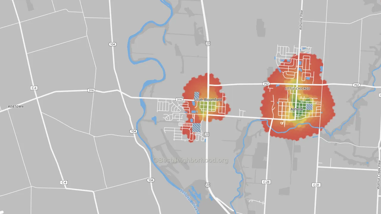 Walk Grade map of South Bloomfield, OH, walkable areas in green and car-dependent areas in red