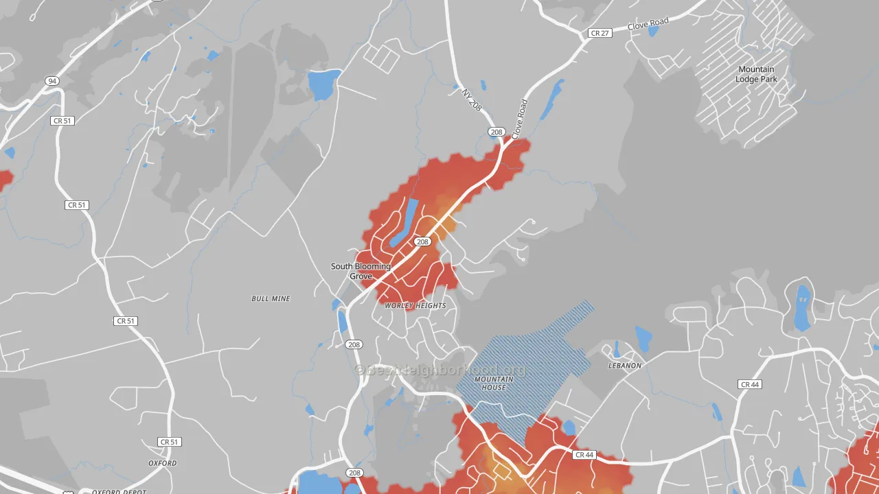 Walk Grade map of South Blooming Grove, NY, walkable areas in green and car-dependent areas in red