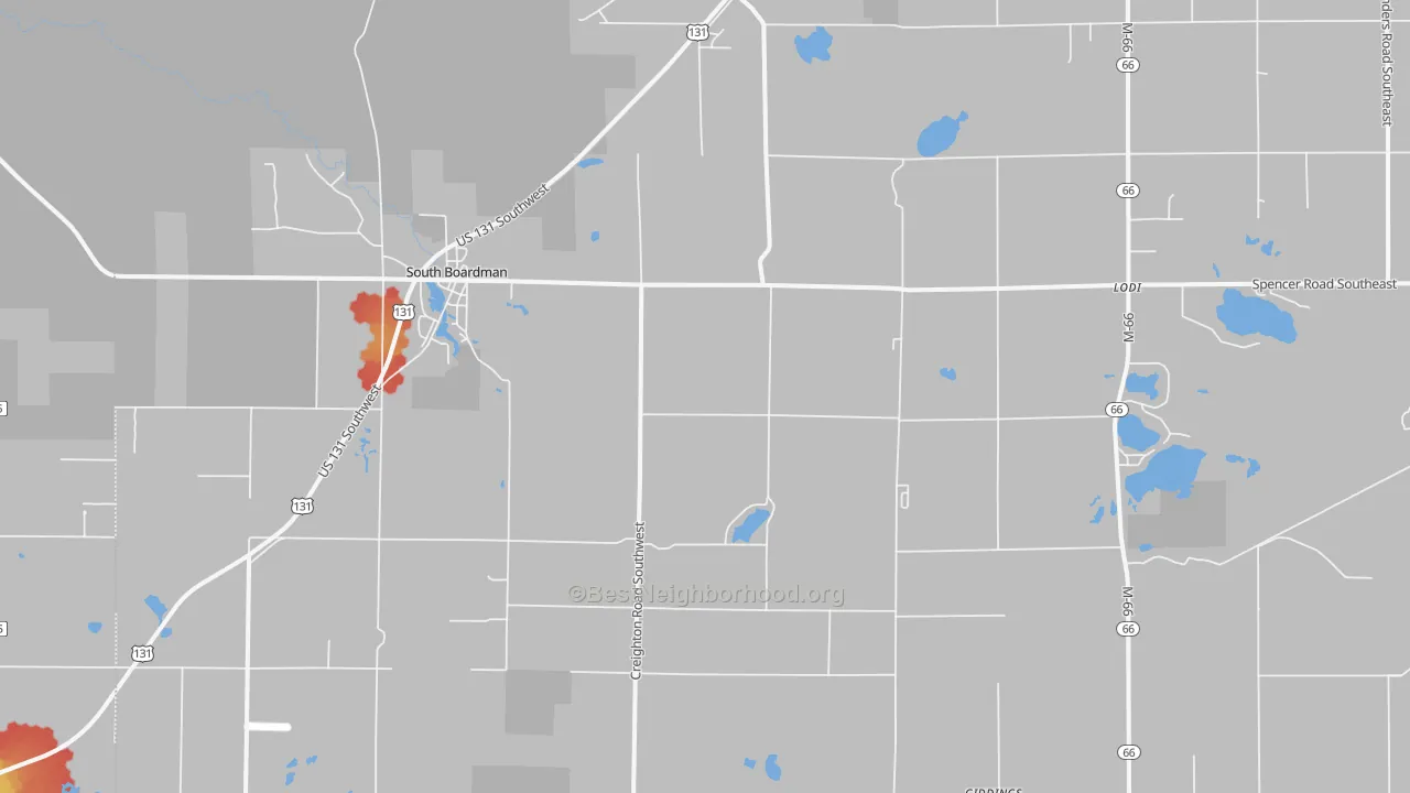 Walk Grade map of South Boardman, MI, walkable areas in green and car-dependent areas in red