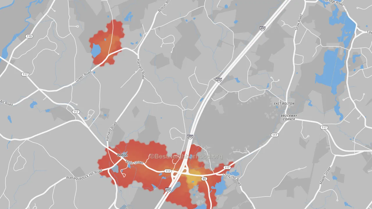 Walk Grade map of South Bolton, MA, walkable areas in green and car-dependent areas in red