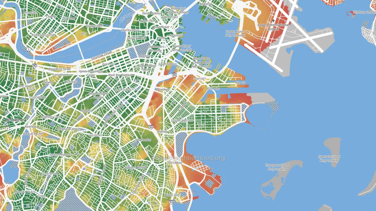 Walk Grade map of South Boston, Boston, MA, walkable areas in green and car-dependent areas in red