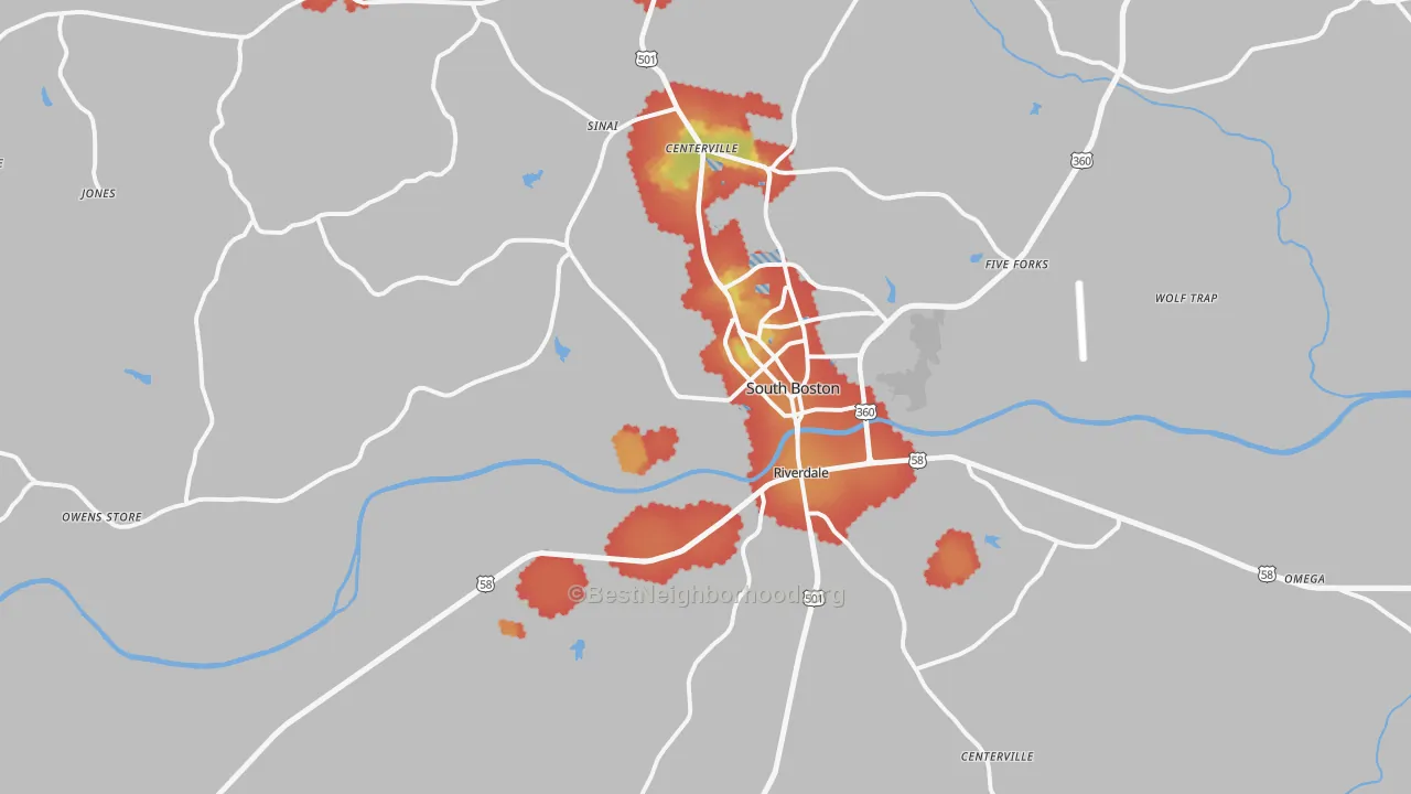 Walk Grade map of South Boston, VA, walkable areas in green and car-dependent areas in red
