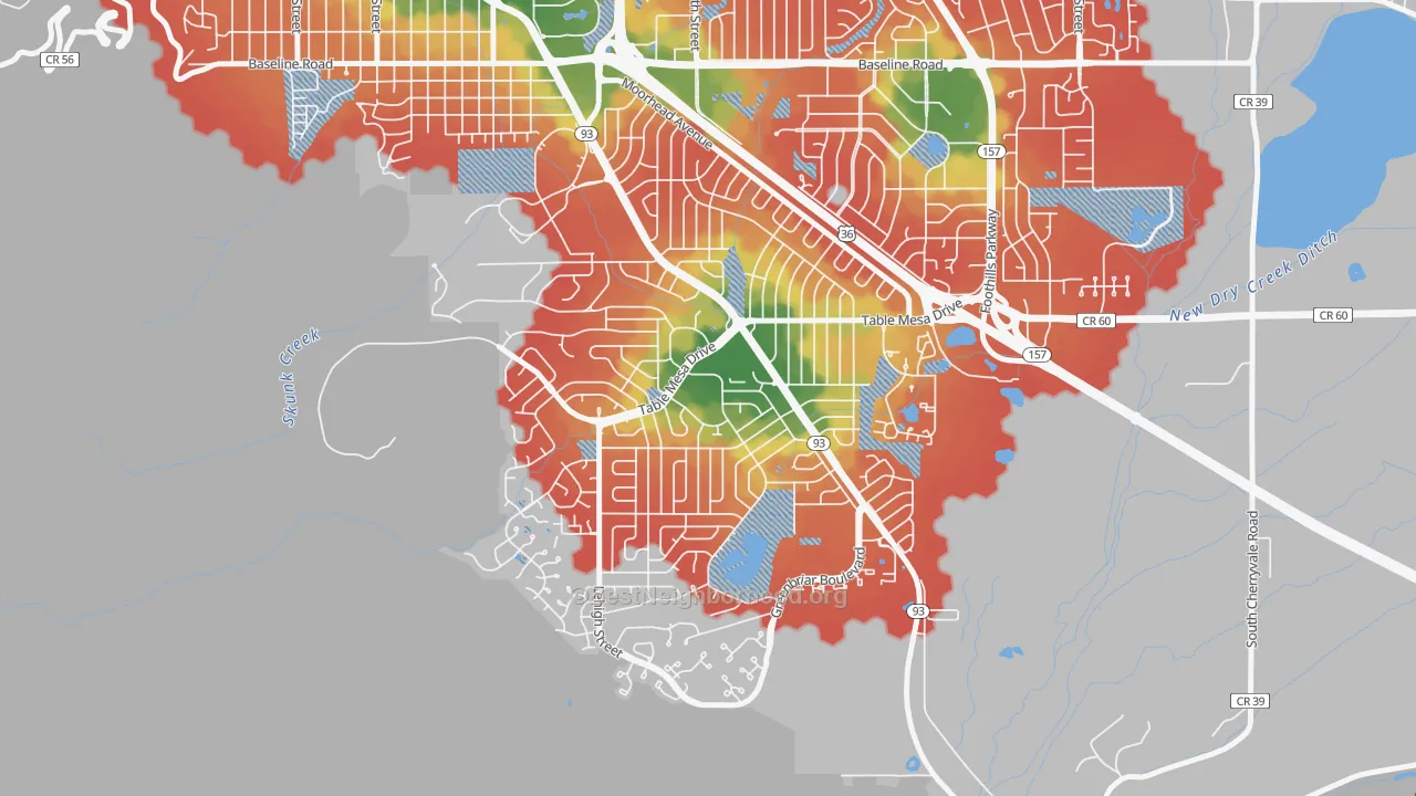Walk Grade map of South Boulder, Boulder, CO, walkable areas in green and car-dependent areas in red