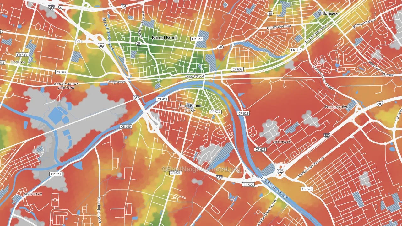 Walk Grade map of South Bound Brook, NJ, walkable areas in green and car-dependent areas in red