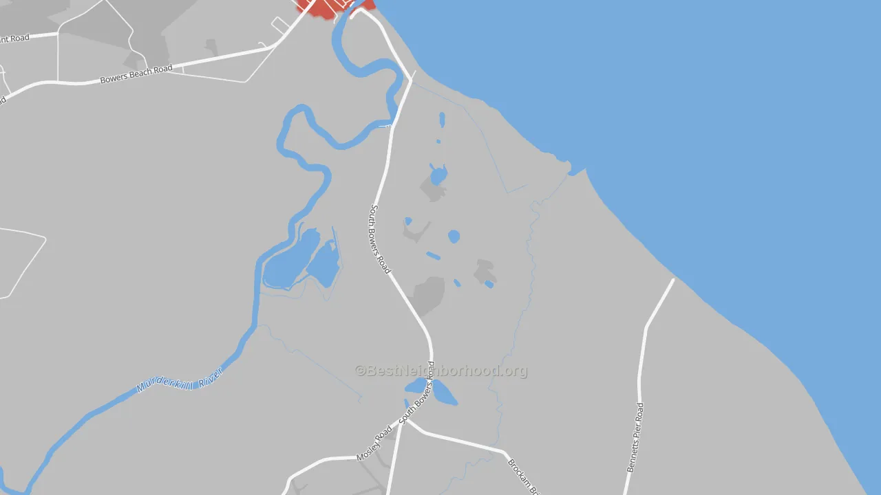 Walk Grade map of South Bowers, DE, walkable areas in green and car-dependent areas in red