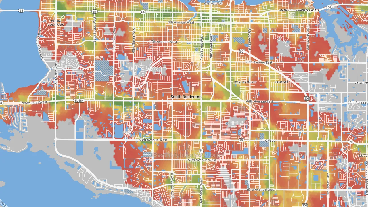 Walk Grade map of South Bradenton, FL, walkable areas in green and car-dependent areas in red