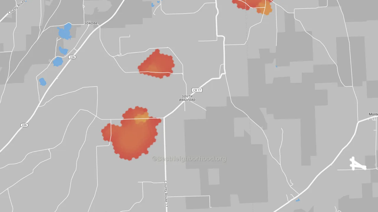 Walk Grade map of South Bradford, NY, walkable areas in green and car-dependent areas in red